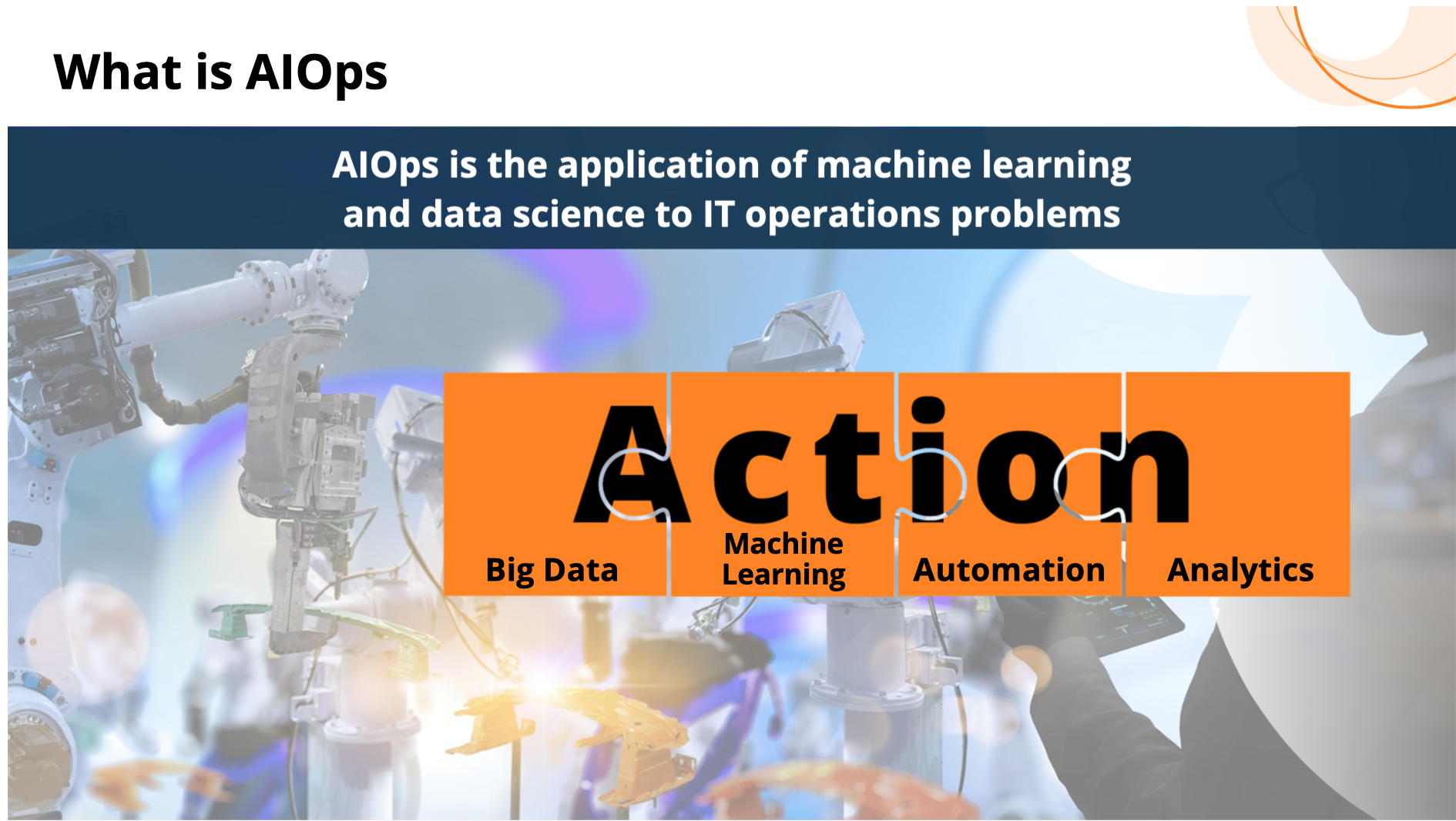 AIOps stands for artificial intelligence for IT operations and describes the use of big data, analytics, and machine learning that IT teams can use to predict, quickly respond to, or even prevent network outages